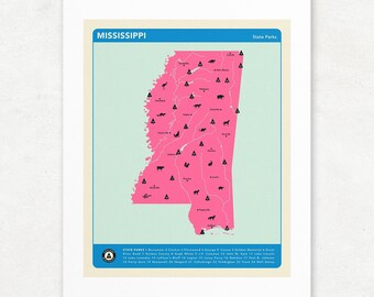 Mapa de parques de Mississippi, impresión giclée, sin marco, arte fluvial en 3 colores
