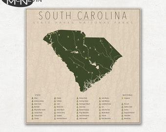 SOUTH CAROLINA PARKS, National and State Park Map, Fine Art Photographic Print for the home decor.