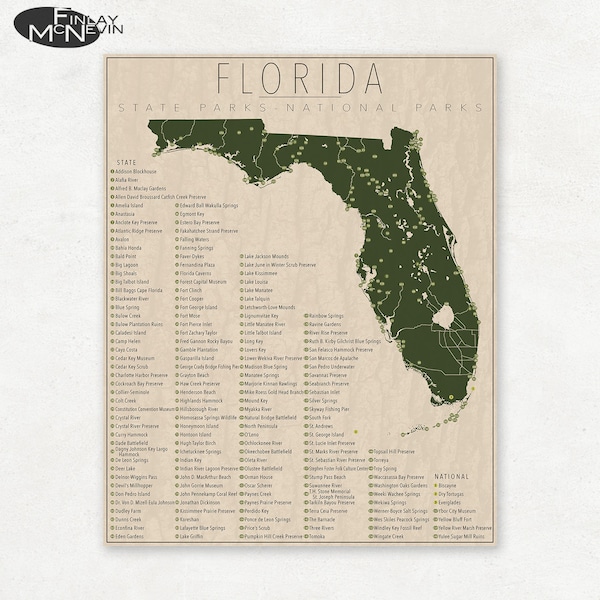 FLORIDA PARKS, National and State Park Map, Fine Art Photographic Print for the home decor.