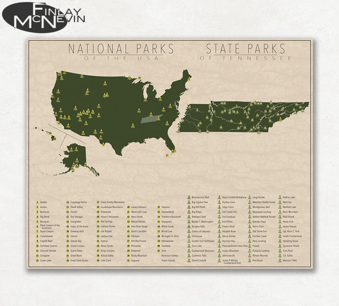 NATIONAL and STATE PARK Map of Tennessee and the United States, Fine ...