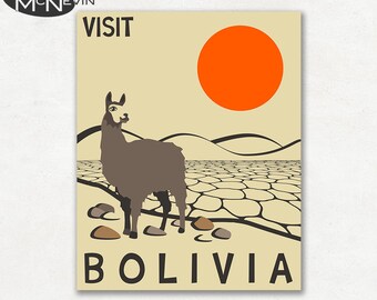 BOLIVIA, SOUTH AMERICAN Travel Poster, Retro Pop Art