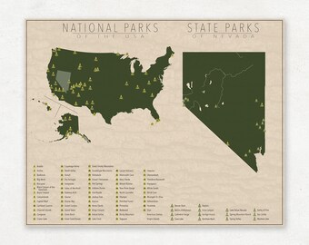 NATIONAL and STATE PARK Map of Nevada and the United States, Fine Art Photographic Print for the home decor.