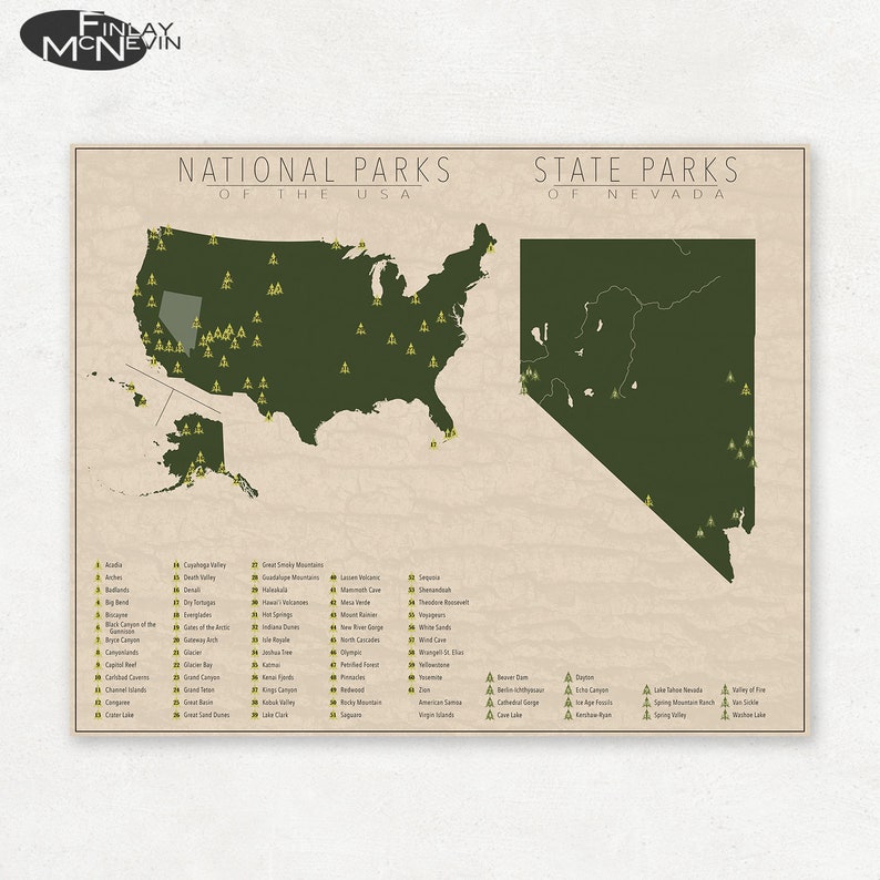 NATIONAL and STATE PARK Map of Nevada and the United States, Fine Art Photographic Print for the home decor. Bild 1