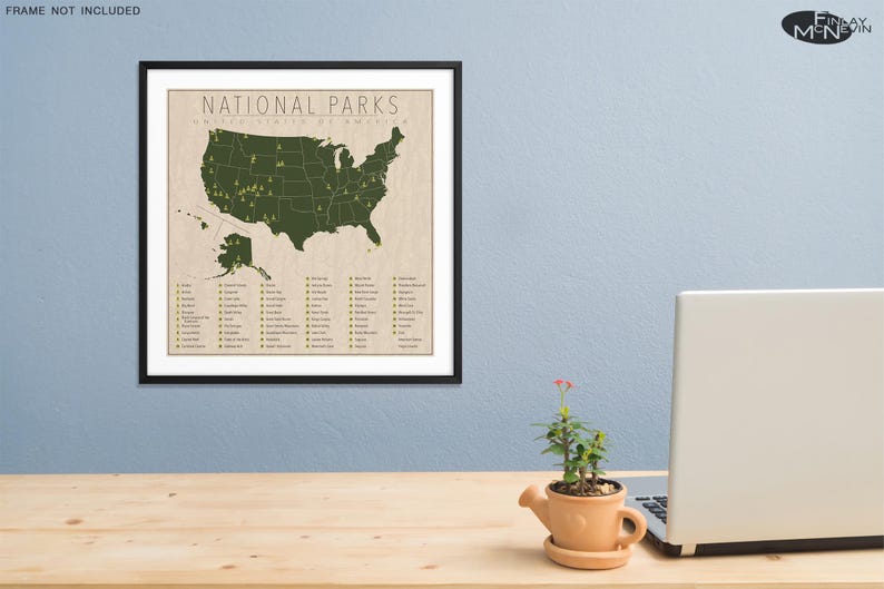 US National Parks Map With State Borders, Giclée Print, Vintage Wall