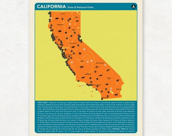 CALIFORNIA PARKS - Orange Version, National and State Park Map, Fine Art Photographic Print for the home decor.