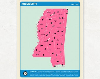 MISSISSIPPI PARKS - Pink Version, State Park Map, Fine Art Photographic Print for the home decor.