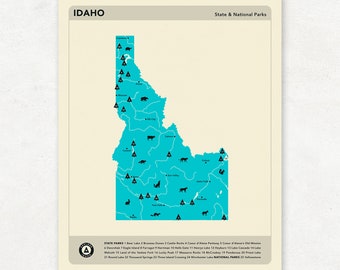 IDAHO PARKS, National and State Park Map, Fine Art Photographic Print for the home decor.