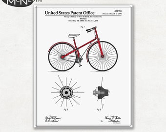 BICYCLE PATENT, Vintage Fine Art Print Poster, Colour, Blueprint, or Black and White