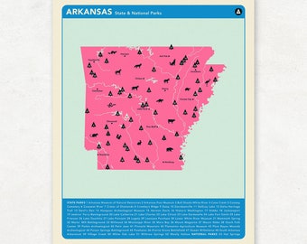 ARKANSAS PARKS - Pink Version, National and State Park Map, Fine Art Photographic Print for the home decor.