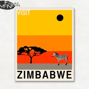 ZIMBABWE, AFRICAN Travel Poster, Retro Pop Art - Yellow version