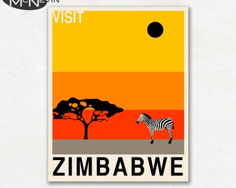 ZIMBABWE, AFRICAN Travel Poster, Retro Pop Art - Yellow version