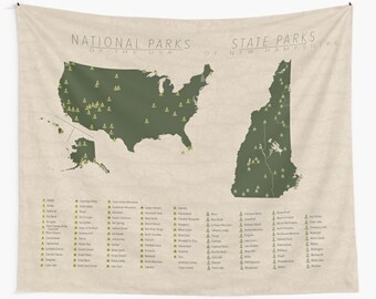 New Hampshire State & US National Parks Map Tapestry - Wall Art