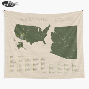 Arizona & US National Parks Map Tapestry - State Park Wall Art