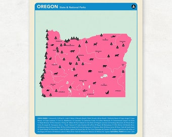 OREGON PARKS - Pink Version, National and State Park Map, Fine Art Photographic Print for the home decor.