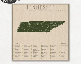 TENNESSEE PARKS, National and State Park Map, Fine Art Photographic Print for the home decor.