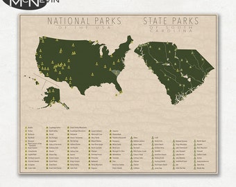 NATIONAL et STATE PARK Carte de la Caroline du Sud et des États-Unis, Fine Art Photographic Print pour la décoration intérieure.