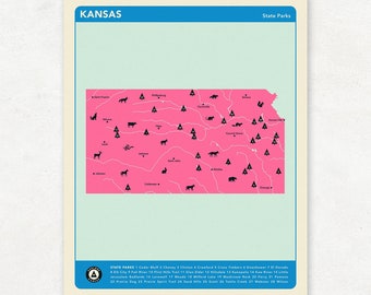 KANSAS PARKS - Pink Version, State Park Map, Fine Art Photographic Print for the home decor.