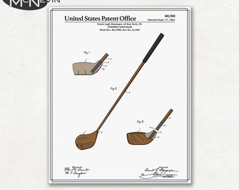 GOLF CLUB Patent, Vintage Fine Art Print Poster, Colour, Blueprint, or Black and White