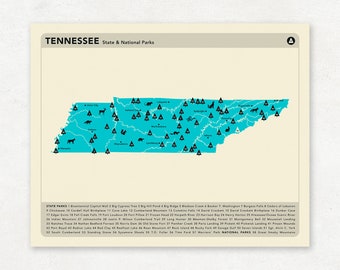 TENNESSEE PARKS, National and State Park Map, Fine Art Photographic Print for the home decor.