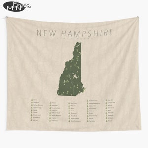 May include: A map of New Hampshire with green state parks marked on it. The map is on a beige background with the text "New Hampshire State Parks" at the top.