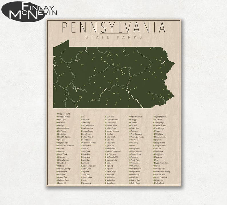 PENNSYLVANIA PARKS, National and State Park Map, Fine Art Photographic Print for the home decor. image 1