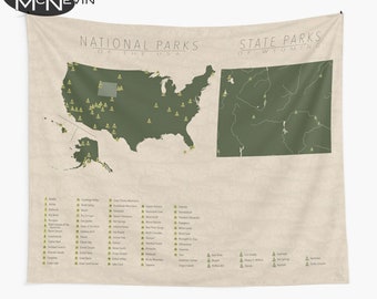 NATIONAL & STATE PARK Map of Wyoming and the United States, Wall Tapestry for the home decor.