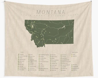 MONTANA PARKS TAPESTRY, National and State Park Map, Wall Tapestry for the home decor.