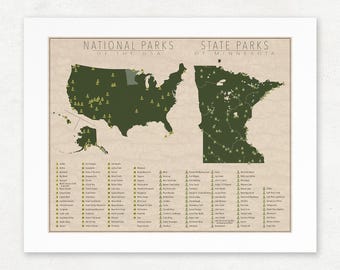 Minnesota Parks & U.S. National Parks Map, Giclée Print, Vintage Wall Art, Unframed, Nature Lover Gift