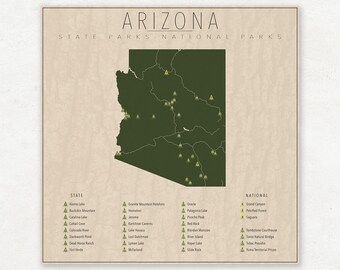 ARIZONA PARKS, National and State Park Map, Fine Art Photographic Print for the home decor.