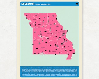 MISSOURI PARKS - Pink Version, National and State Park Map, Fine Art Photographic Print for the home decor.