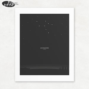 May include: A black and white illustration of the constellation Camelopardalis, also known as the Giraffe, against a dark night sky. The constellation is made up of white dots connected by thin lines. The name of the constellation is written in white text below the illustration.