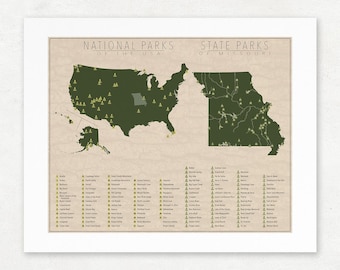 Missouri Parks & U.S. National Parks Map, Giclée Print, Vintage Wall Art, Unframed, Nature Lover Gift
