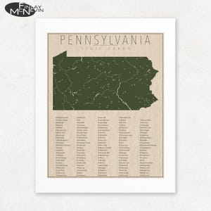 May include: A framed print featuring a map of Pennsylvania State Parks. The map is a dark green color, with white dots indicating park locations. The text "PENNSYLVANIA STATE PARKS" is at the top of the print. A list of park names is below the map.