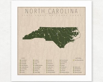 North Carolina Parks Map, Giclée Print, Vintage Wall Art, Unframed, Nature Lover Gift