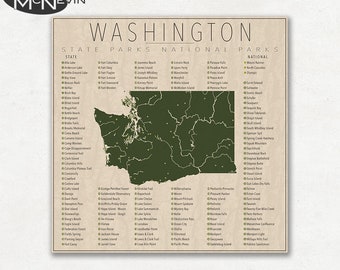 WASHINGTON PARKS, National and State Park Map, Fine Art Photographic Print for the home decor.