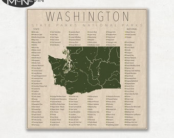 PARCS DE WASHINGTON, carte des parcs nationaux et d'État, impression photographique d'art pour la décoration intérieure.