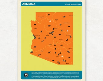 ARIZONA PARKS - Orange Version, National and State Park Map, Fine Art Photographic Print for the home decor.