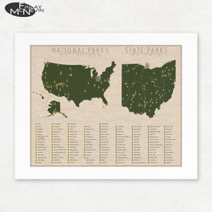May include: A green and brown map of the United States and Ohio with the text "National Parks of the USA" and "State Parks of Ohio". The map shows the location of all national and state parks in the United States and Ohio.