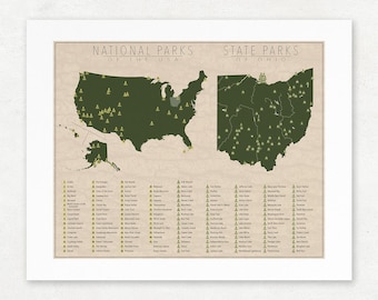 Ohio Parks & U.S. National Parks Map, Giclée Print, Vintage Wall Art, Unframed, Nature Lover Gift