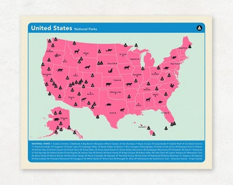US NATIONAL PARKS - Pink version, United States Park Map, Fine Art Photographic Print for the home decor.