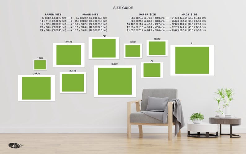 May include: A size guide for printed artwork, showing different paper sizes and corresponding image sizes. The guide includes measurements in inches and centimeters. The image also shows a living room setting with a chair and a side table, showcasing how the artwork would look in a home.