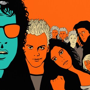 Puede incluir: Un grupo de personas con diferentes peinados y expresiones faciales. Las personas est&aacute;n dibujadas en un estilo de dibujos animados con contornos gruesos y colores brillantes. El fondo es de un color naranja s&oacute;lido.