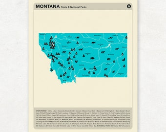 MONTANA PARKS, National and State Park Map, Fine Art Photographic Print for the home decor.