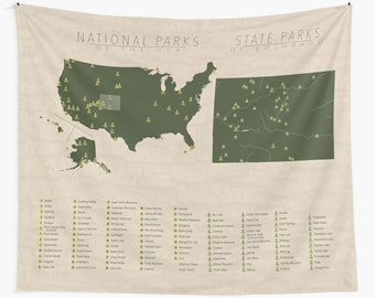 NATIONAL & STATE PARK Map of Colorado and the United States, Wall Tapestry for the home decor.