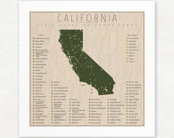 California Parks Map, Giclée Print, Vintage Wall Art, Unframed, Nature Lover Gift