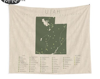 UTAH PARKS TAPESTRY, Carte des parcs nationaux et d’État, Tapisserie murale pour la décoration intérieure.