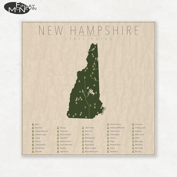 NEW HAMPSHIRE PARKS, State Park Map, Fine Art Photographic Print for the home decor.