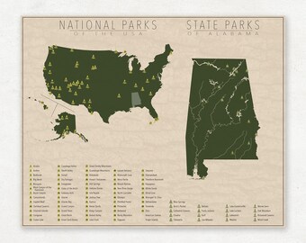Carte des PARCS NATIONAL et D'ÉTAT de l'Alabama et des États-Unis, impression photographique d'art pour la décoration intérieure.