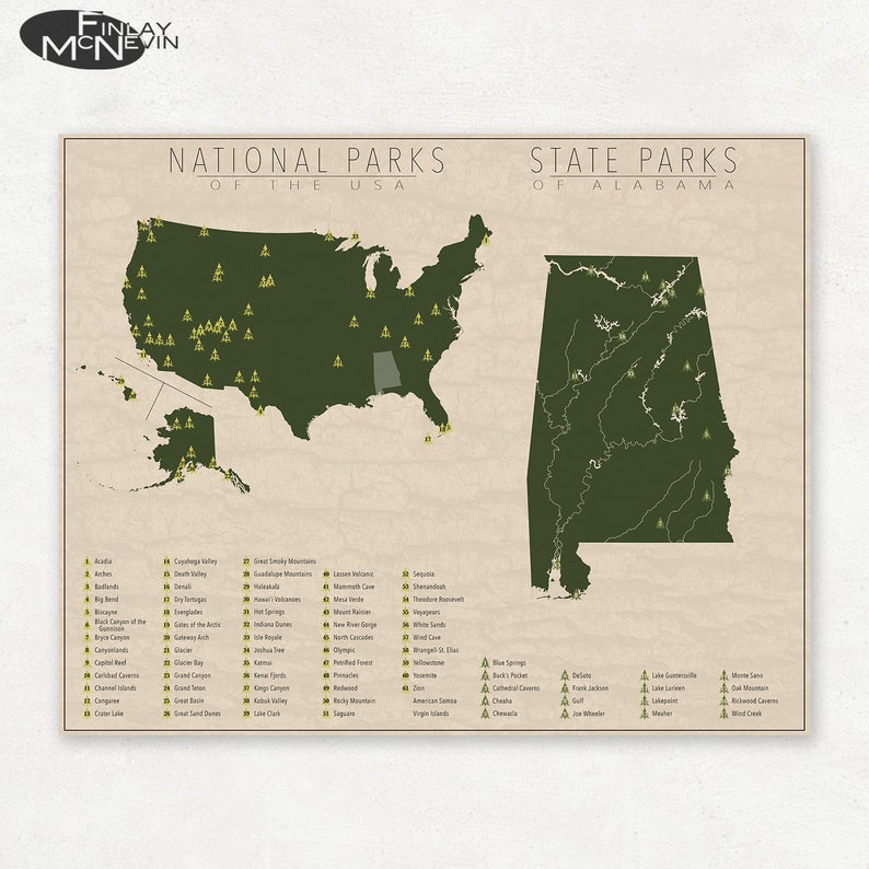 NATIONAL and STATE PARK Map of Alabama and the United States, Fine Art Photographic Print for the home decor. image 1