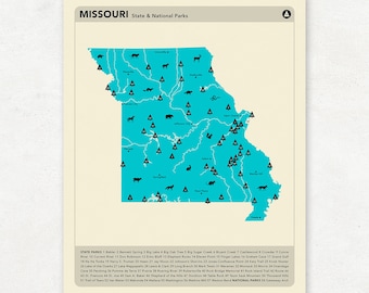 MISSOURI PARKS, National and State Park Map, Fine Art Photographic Print for the home decor.